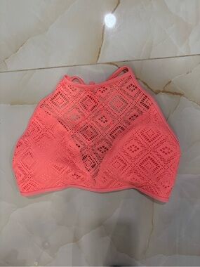 aerie Neon Coral Crochet High Neck Bikini Top Womens Size L